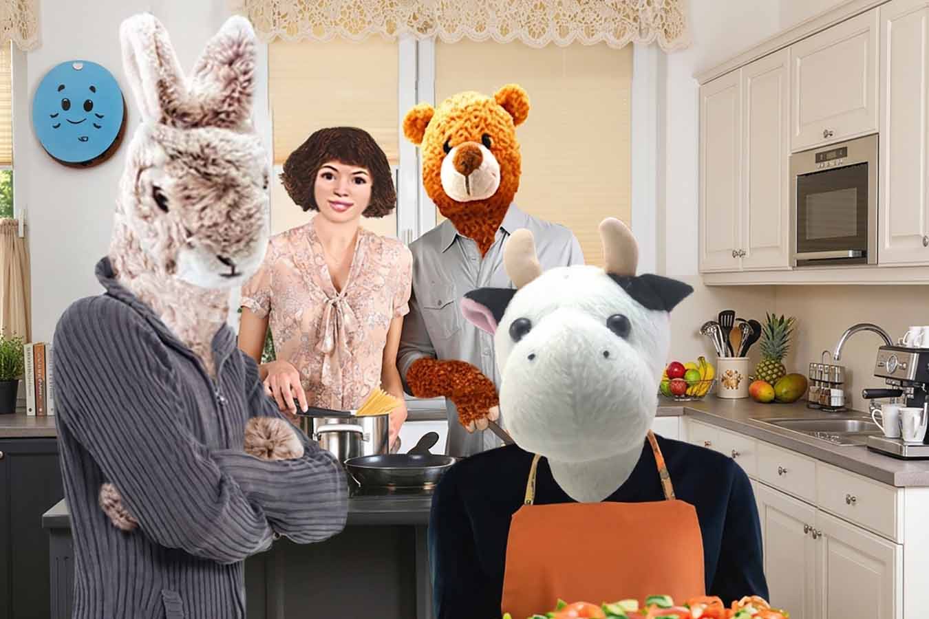 Rabbit, Twimii, Ted and Cow in their imaginary kitchen