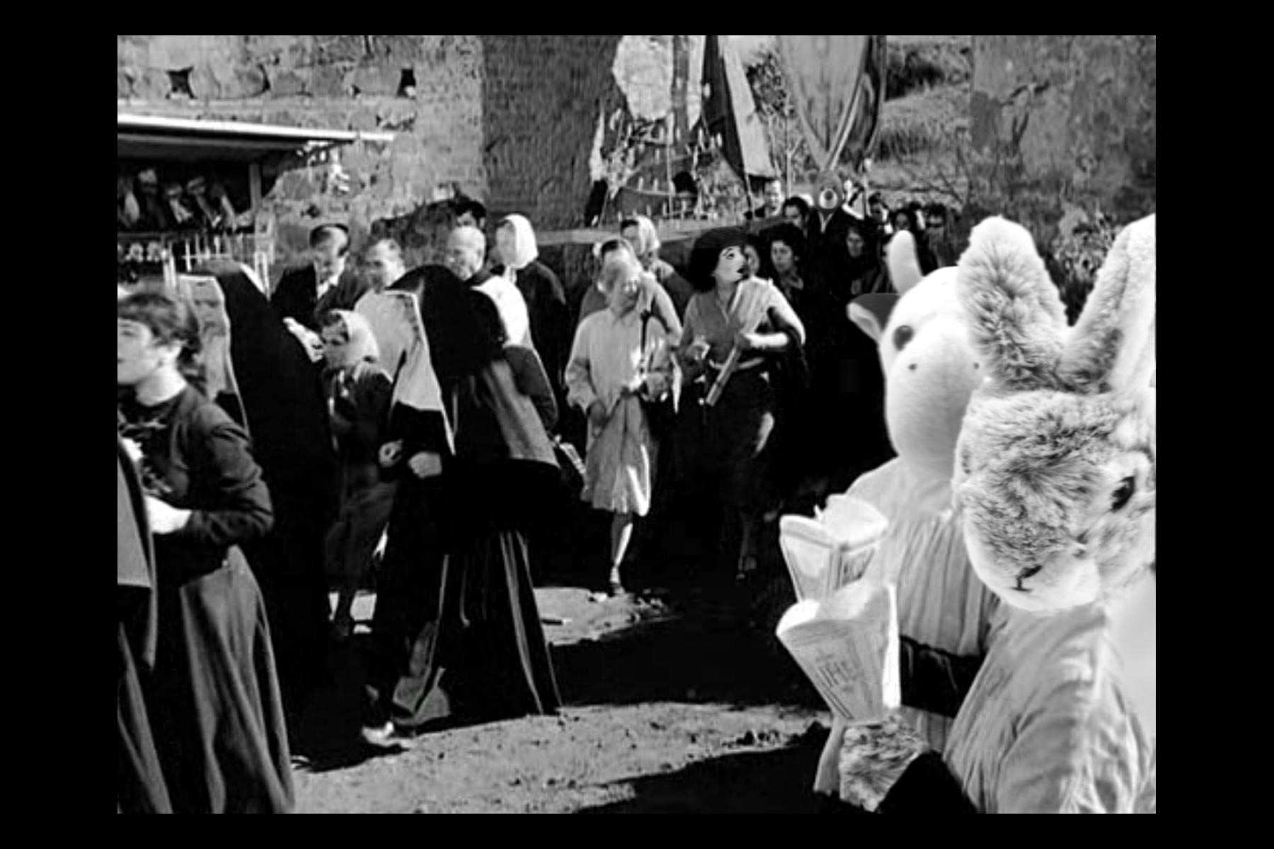 Ted, Rabbit, Cow and Twimii face-swapped into a still from Nights of Cabiria