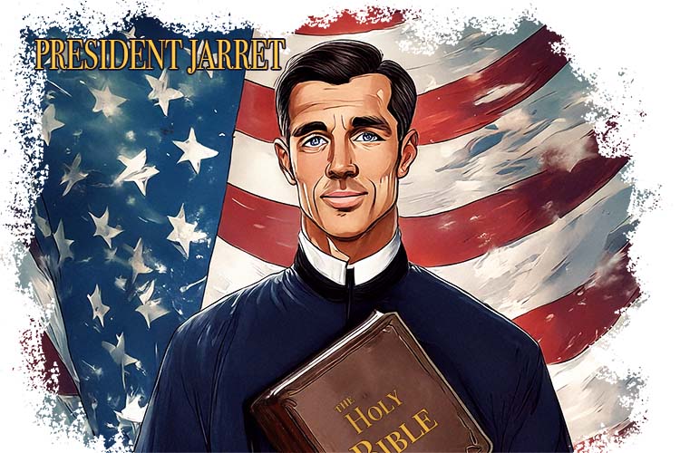 Illustration of President Jarret, dressed like a minister, holding The Holy Bible in his hand, look benignly down on his subjects, standing in front of battered and torn USA flag