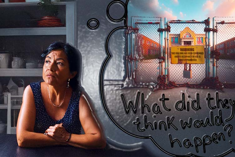 a middle-aged Hispanic woman sitting at her kitchen table, thinking of the school she used to work at, now shuttered and condemned