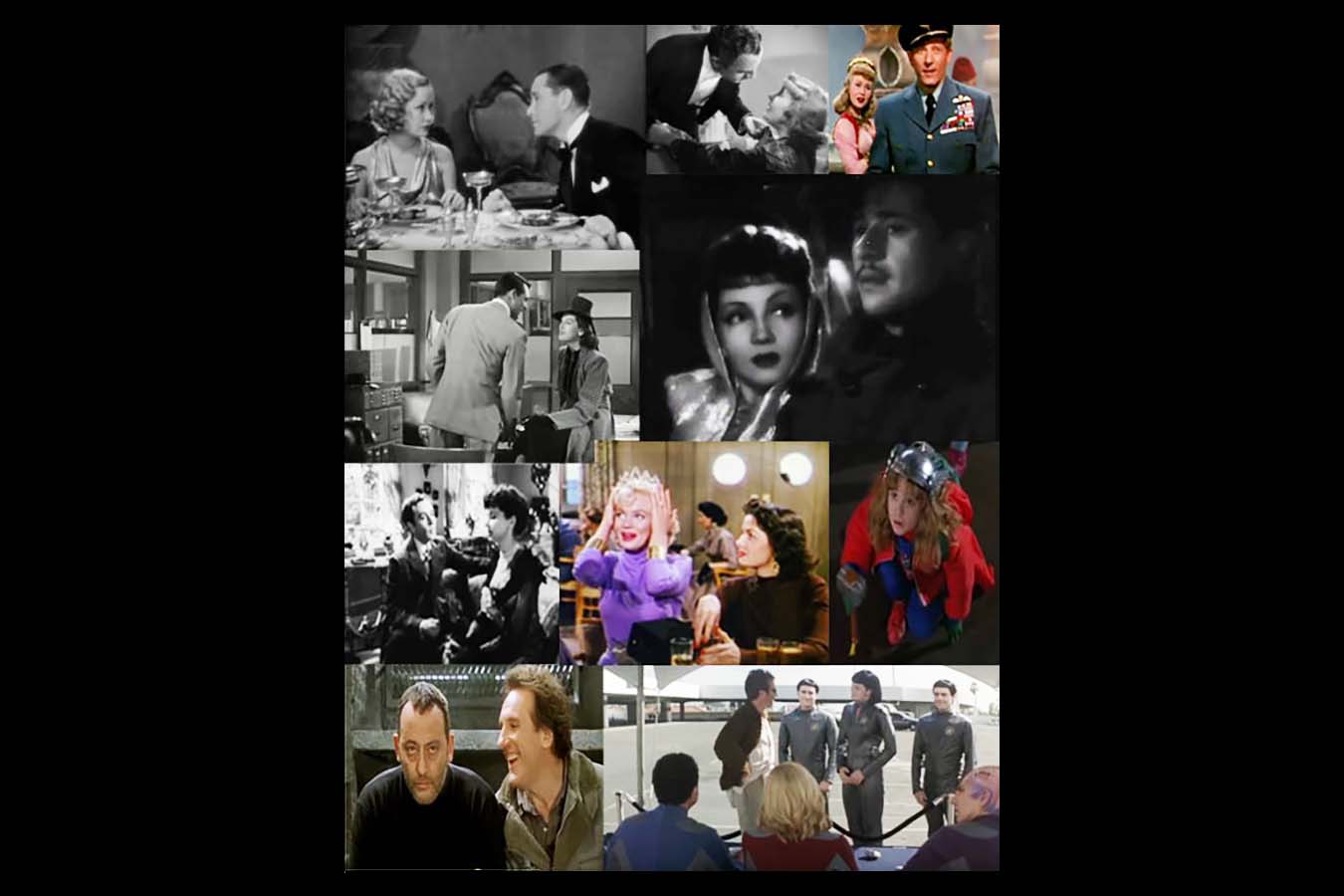 Thumbnail screenshots of each movie. From top-left Trouble in Paradise, My Man Godfrey, The Secret Life of Walter Mitty, His Girl Friday, Midnight, Kind Hearts and Coronets, Gentlemen Prefer Blondes, Adventures in Babysitting, Tais-toi, Galaxy Quest
