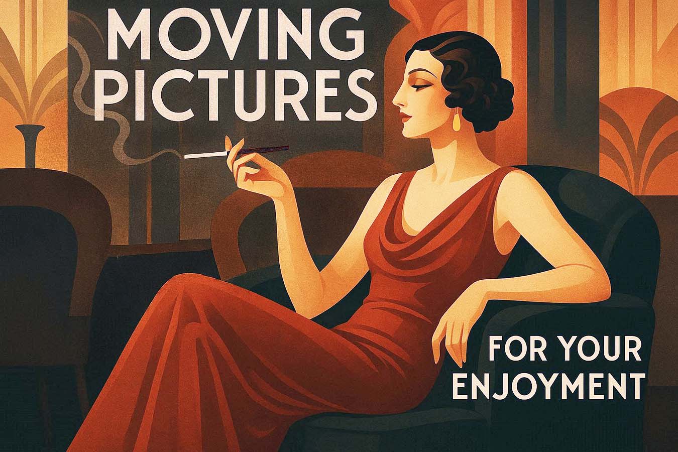 A drawing of a woman of leisure sitting in a lounge, cigarette in hand and a drink nearby. The drawing is AI generated and is in the style of an art deco advertisement with the text Moving Pictures for your pleasure.