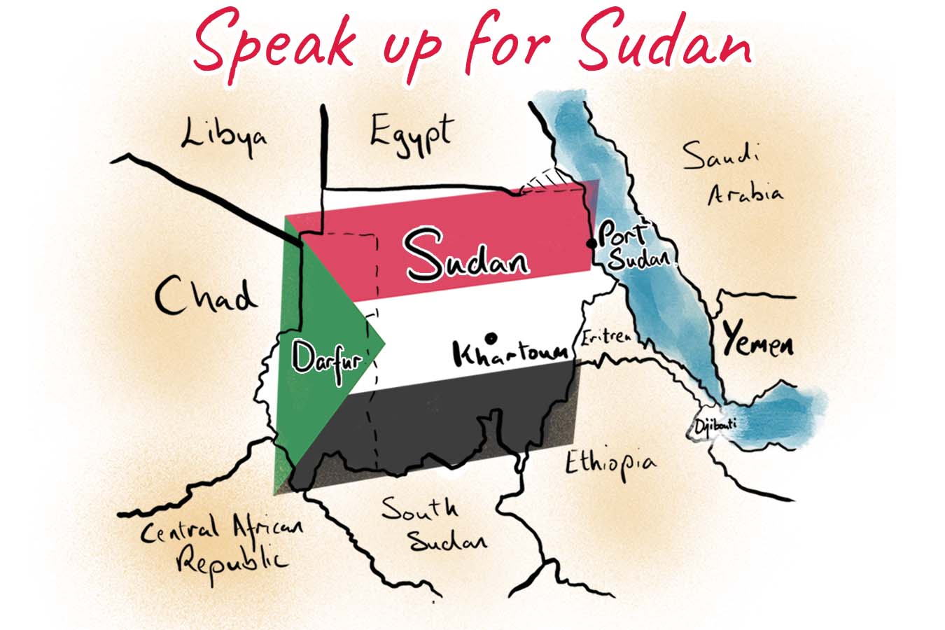 Hand drawn map of Sudan showing its location