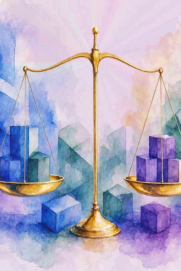 A dreamy image of a golden scales balancing different blocks