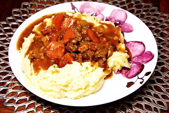 Beef and Bacon Stewed in Cider with mashed potato