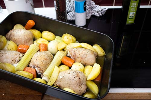 Place the roasting tin on a slight incline so that the juices pool at one end of the tin