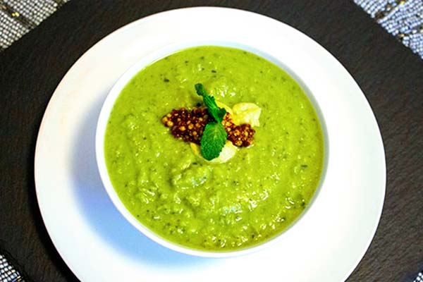 Easy Peasy Pea Mint Soup with mustard