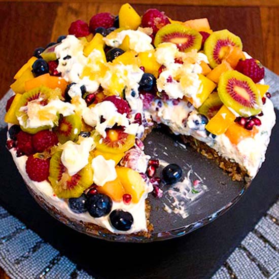 Slice of fruit salad cake