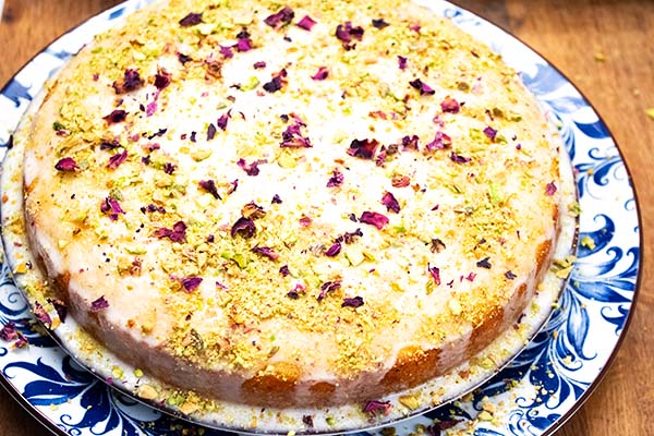 Nutty rose ginger and citrus cake - glazed and decorated