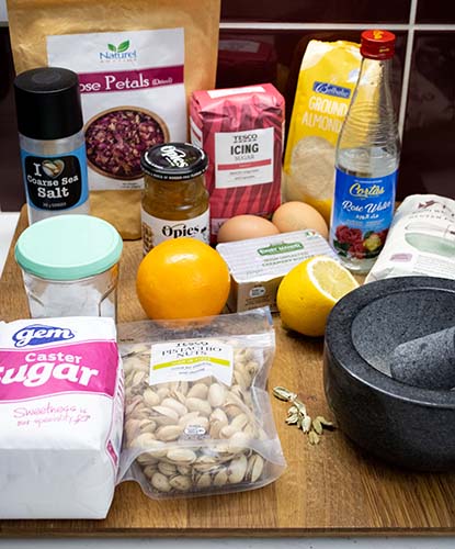 Ingredients-for-nutty-rose-ginger-and-citrus-cake