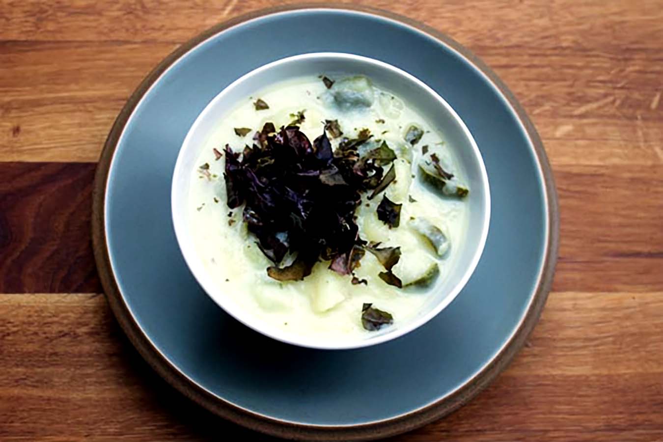 Potato Courgette and Onion Soup with some crisped dillisk