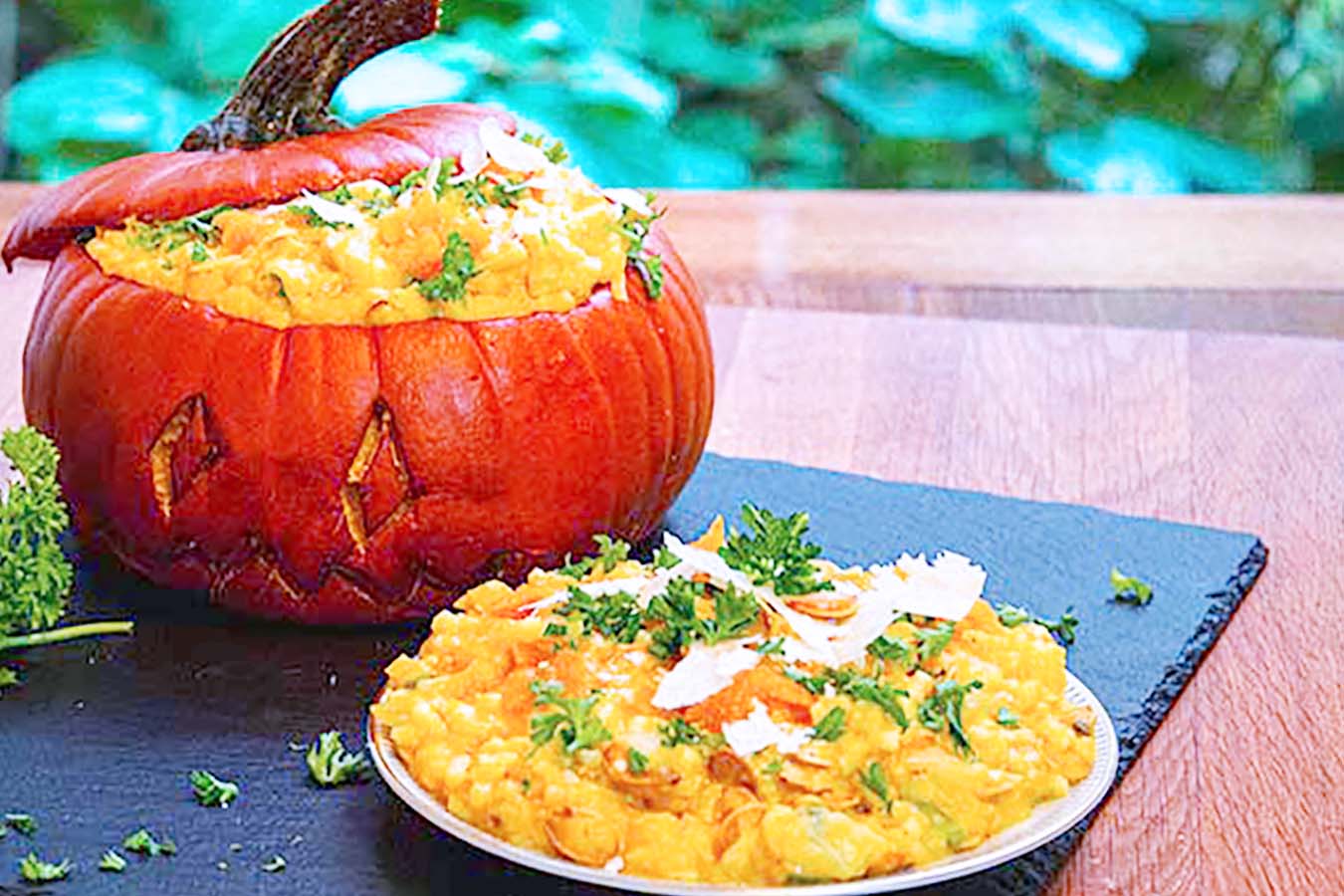 A depressed looking pumpkin stuffed with pumpkin risotto with sage and orange