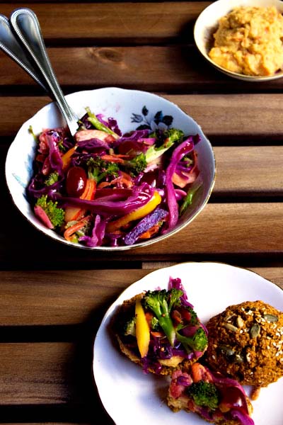 Rainbow Slaw with hummus and a scone
