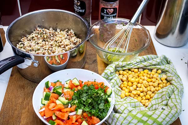 Rice and chickpeas tabbouleh ready to be assembled