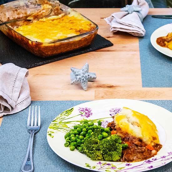Shepherds Pie with peas and broccoli