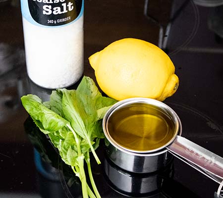 basil leaves, extra virgin olive oil, lemon and salt