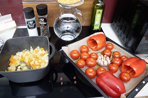 Ingredients-for-Yellow Split Pea Soup with Roasted Tomatoes, Red Peppers and Garlic