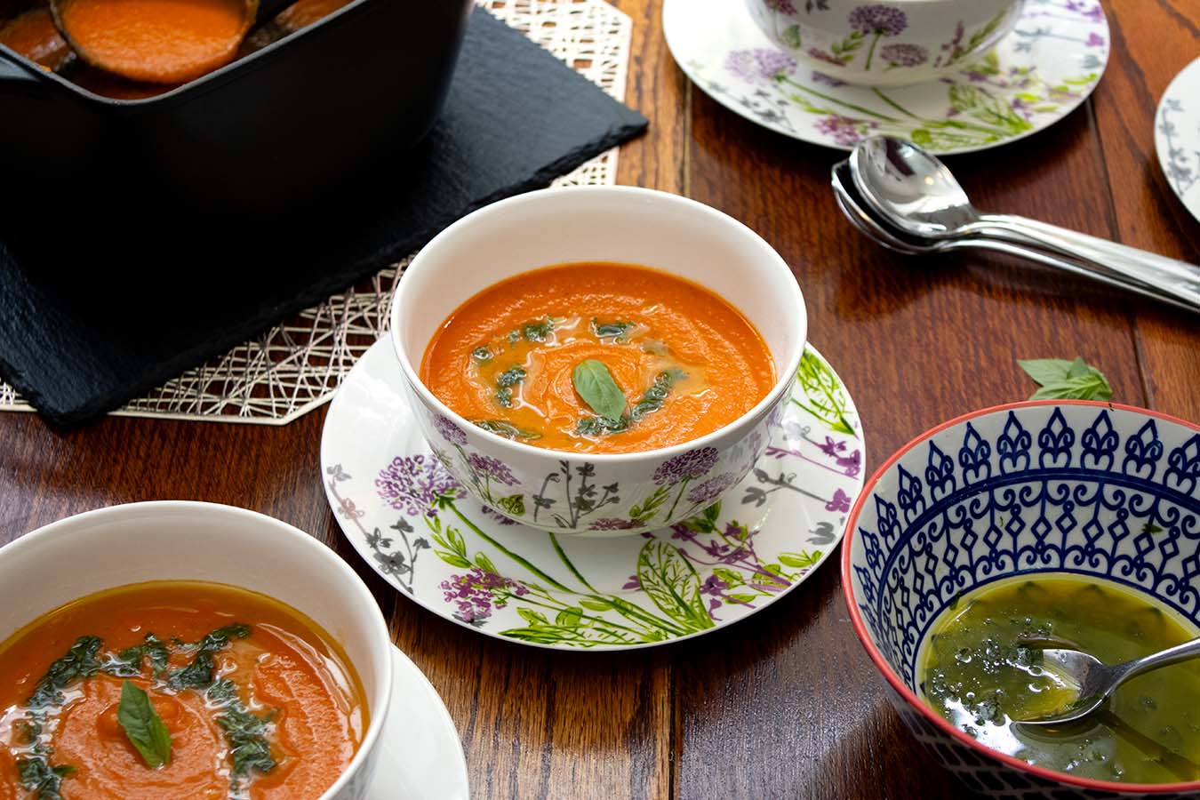 Yellow Split Pea Soup with Roasted Tomatoes, Peppers and Garlic