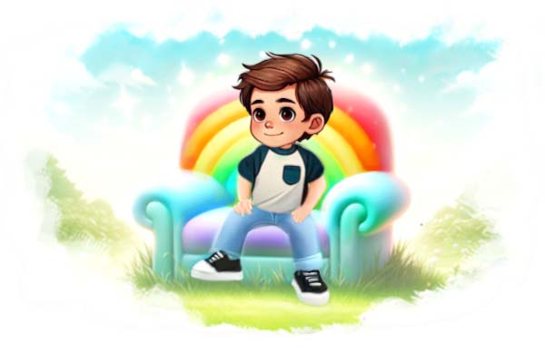 Jeremy sitting on the rainbow coloured armchair