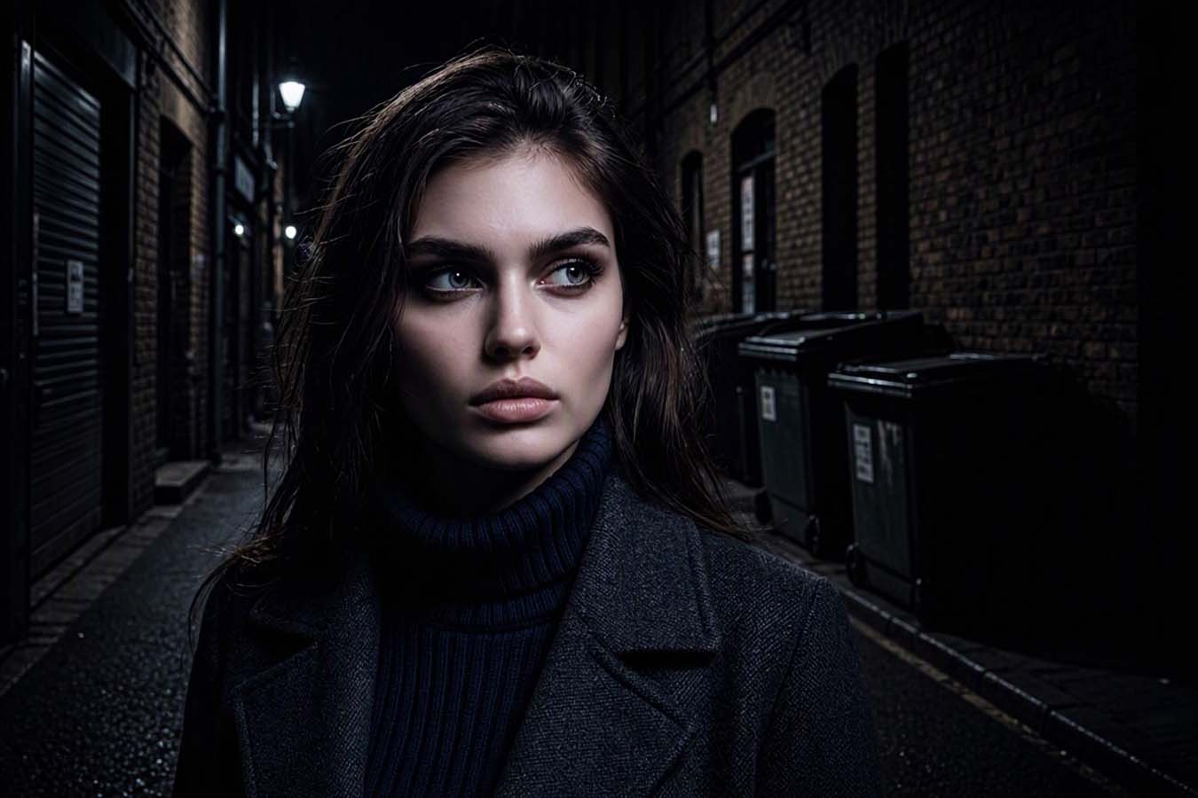 The Mistaken - story about some vampires. The vampire in the image is Talee and she is standing in a dimly lit side street at night.